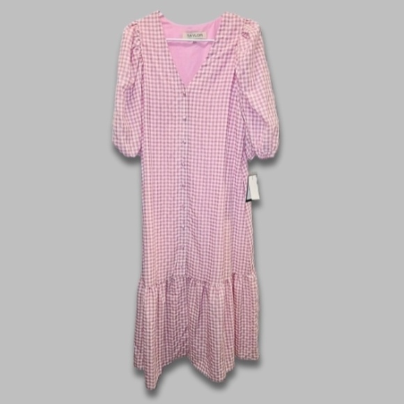 Taylor Gingham Midi Dress V-Neck Puffy Short Sleeves Pink/White Women’s 10 NWT - Picture 3 of 7